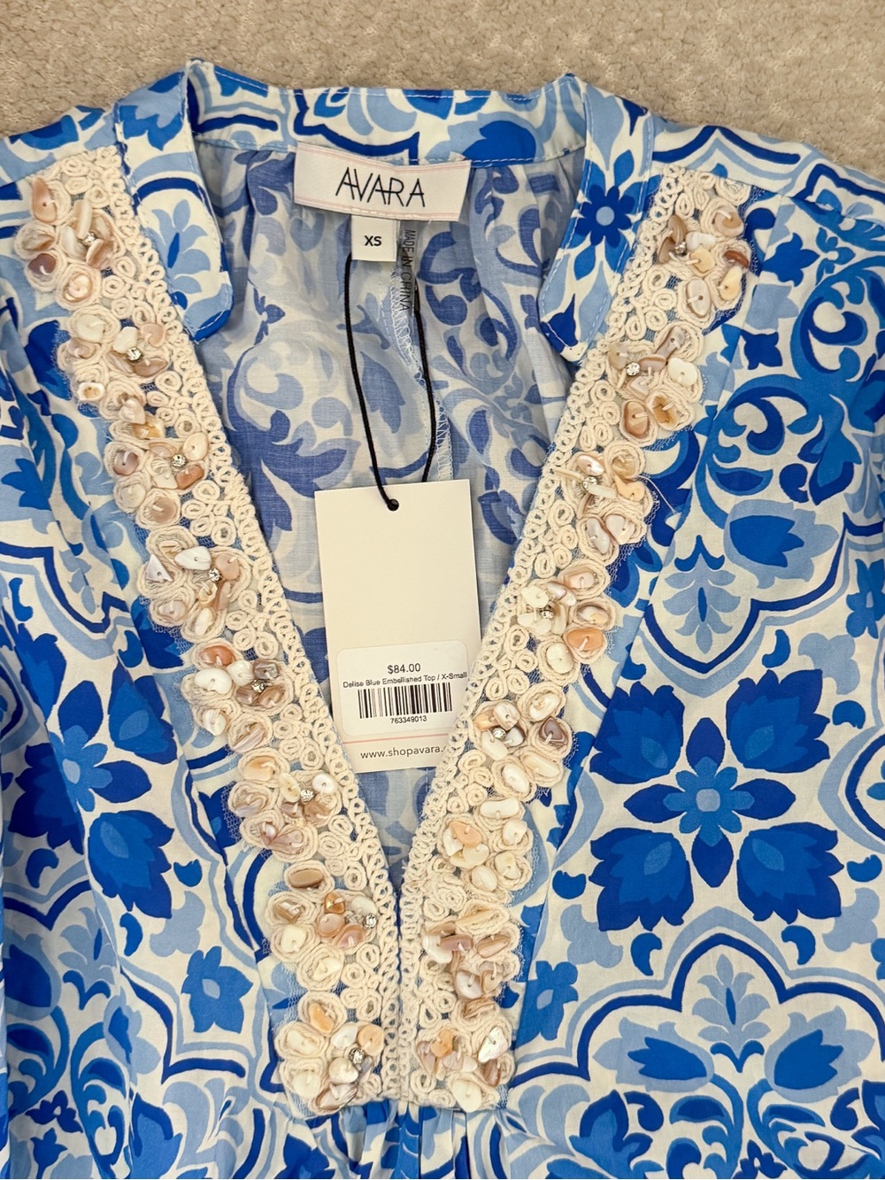 Avara Delise Blue Embellished V-Neck Puff Sleeve Blouse Top Greecian NWT XS - Picture 8 of 10